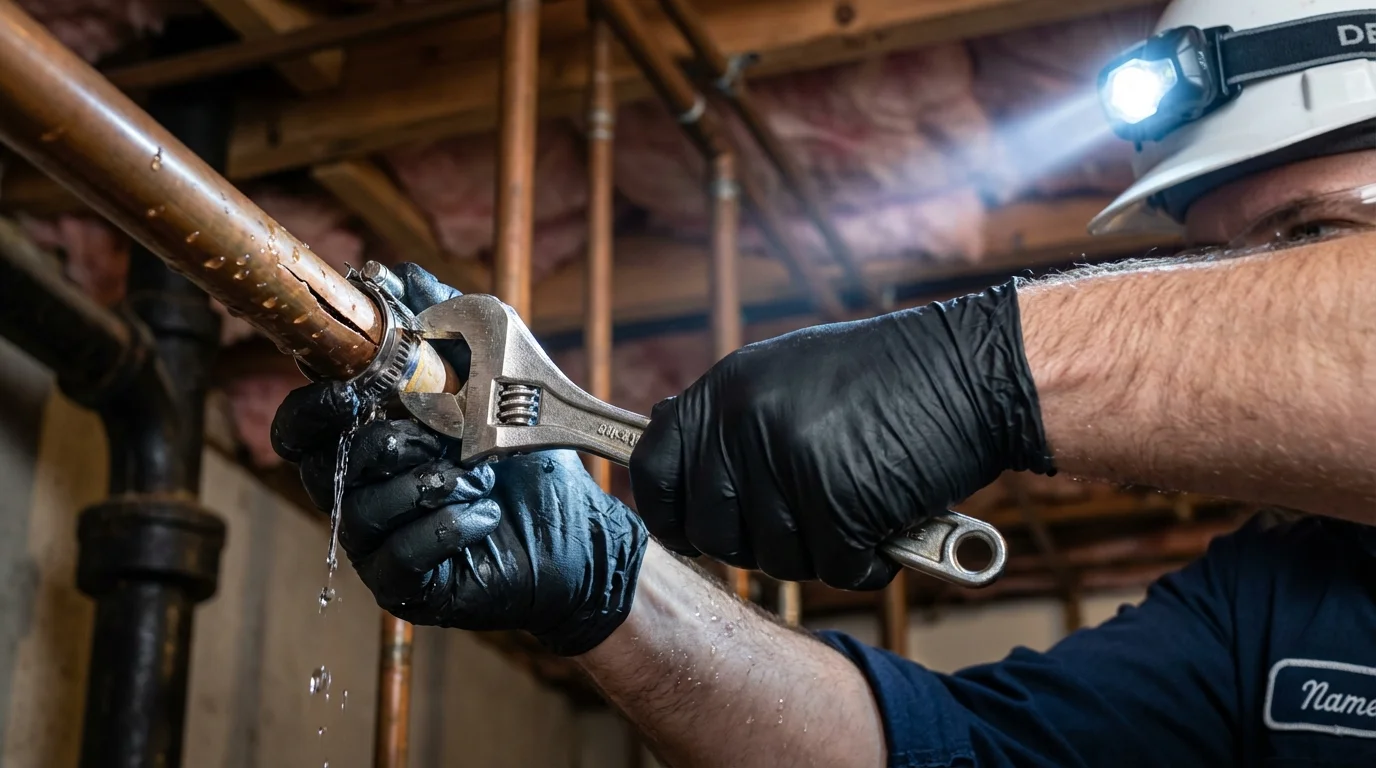 Emergency pipe clamp repair being performed by a Johns Plumbing LLC plumber in Van Lear