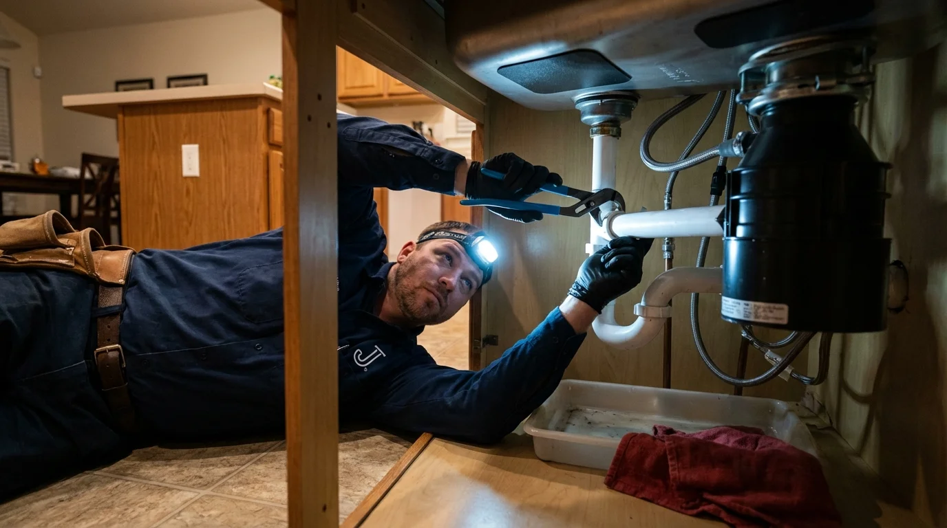 P-trap and supply line connections under a kitchen sink showing a common leak point in Van Lear, KY